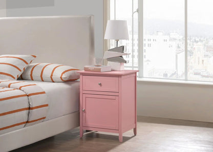 1-drawer 1-door pink nightstand with silver knob, stacked books and a lamp on top on Tampa Home & Garden Store