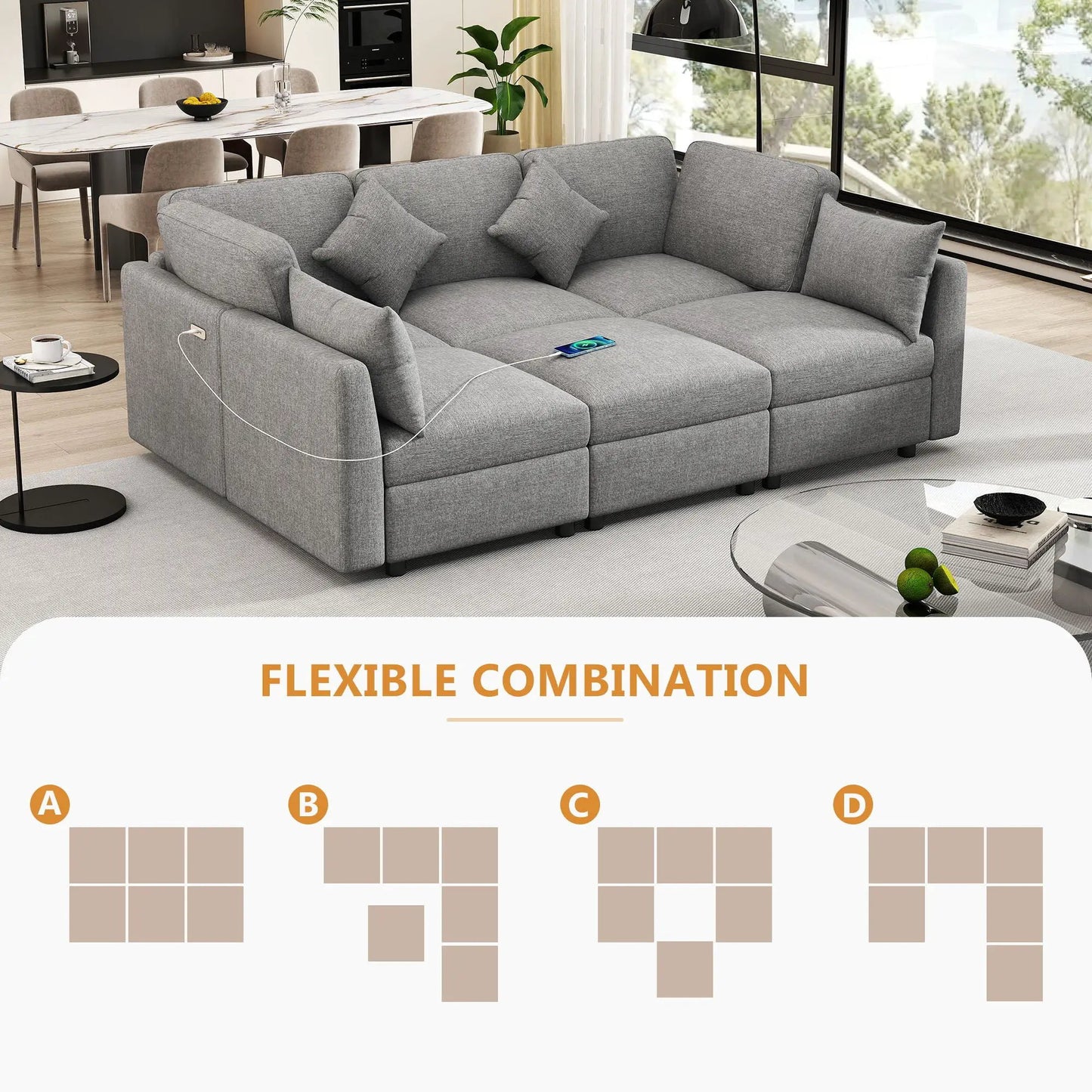 Modular U-shaped sectional sofa with ottoman in gray fabric, USB ports; 2pc living room set on Tampa Home & Garden Store