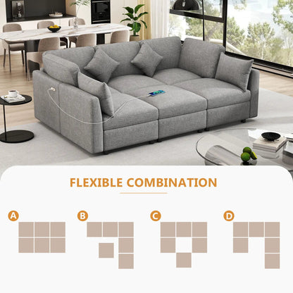 Modular U-shaped sectional sofa with ottoman in gray fabric, USB ports; 2pc living room set on Tampa Home & Garden Store