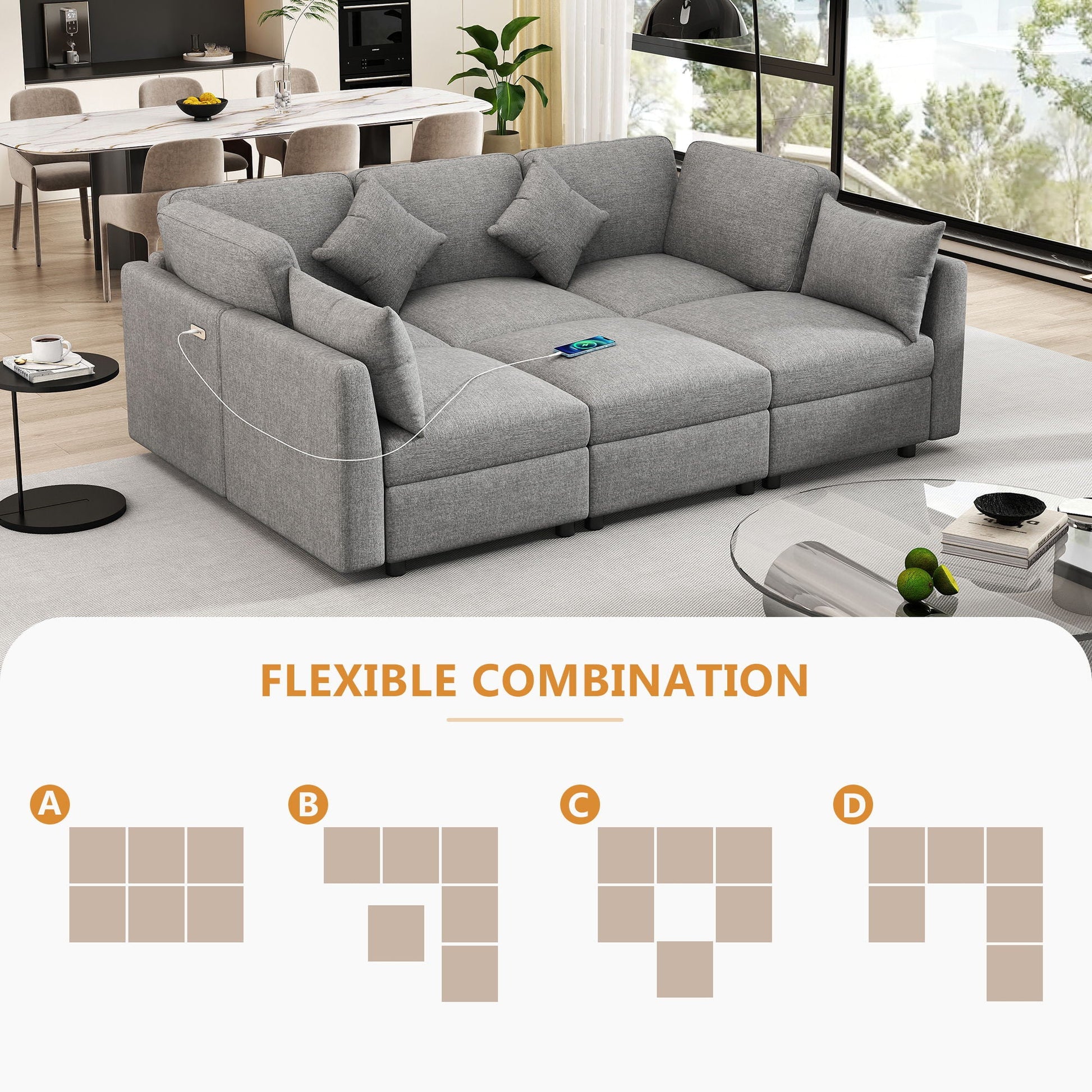 Sectional sofa modular U-shaped with ottoman and USB ports, 2-piece set HouseOfZazla on Tampa Home & Garden Store