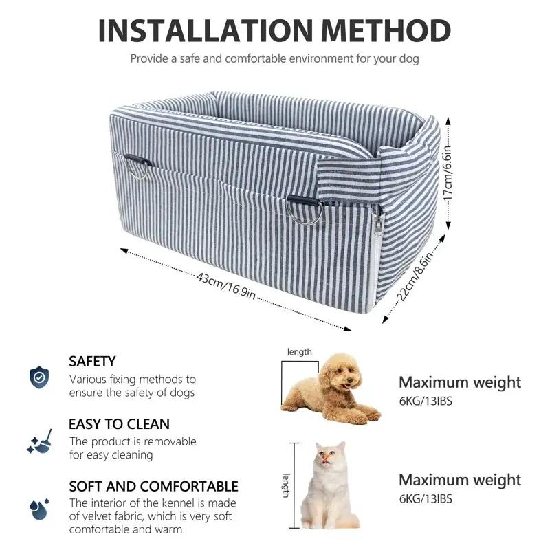 Center Console Dog Car Seat for Small Dogs striped blue fabric The Max & Rex Collection on Tampa Home & Garden Store