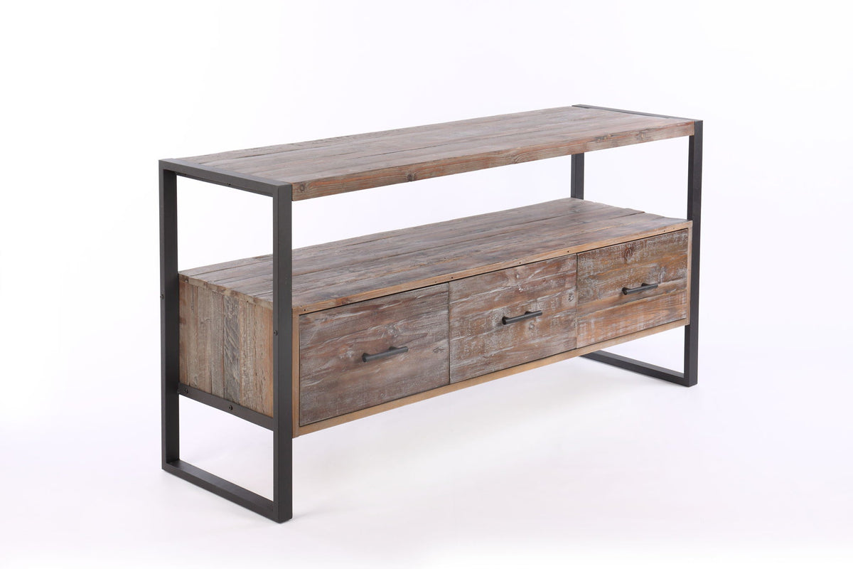 Reclaimed wood media TV console with 3 drawers and open shelf, antique gray, metal frame HouseOfZazla on Tampa Home & Garden Store
