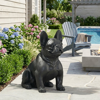 Outdoor French Bulldog garden sculpture by HouseOfZazla, black resin statue beside hydrangeas on Tampa Home & Garden Store