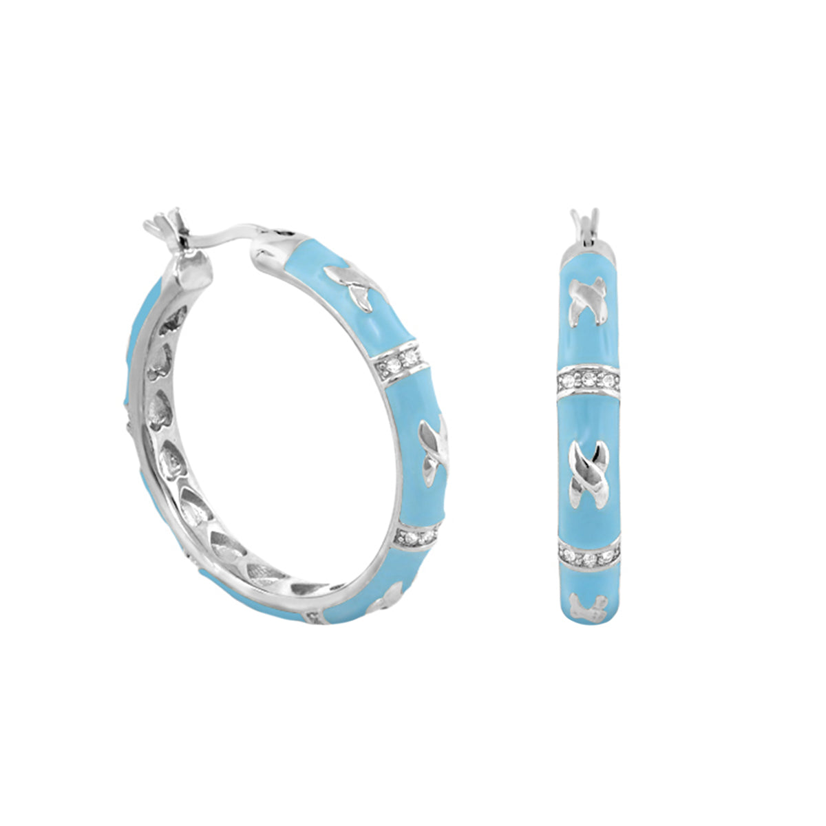 Elegant Hugs Earrings turquoise enamel hoops with butterfly accents and rhinestone bands on Tampa Home & Garden Store