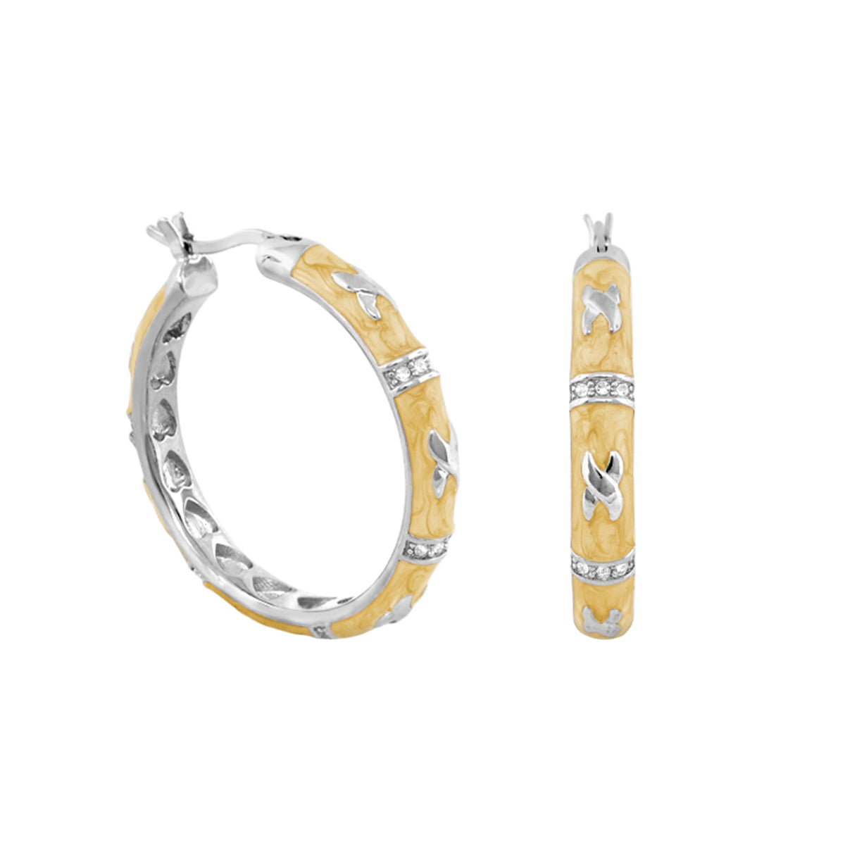 Elegant Hugs Earrings two-tone hoop with yellow gold and silver accents, pave diamonds on Tampa Home & Garden Store