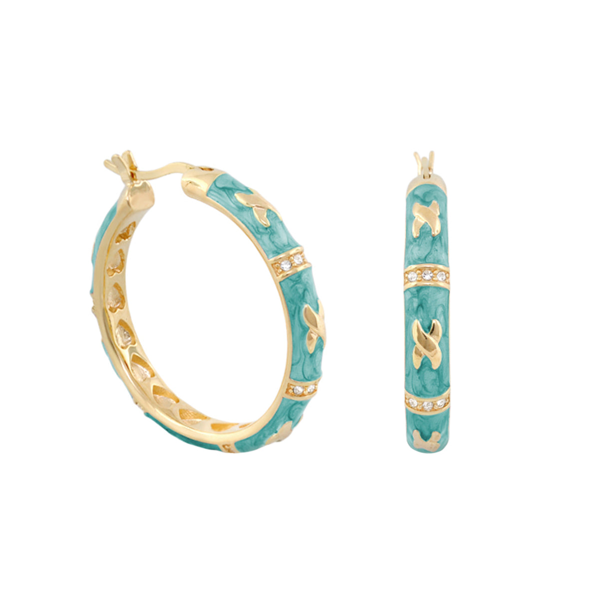 Elegant Hugs Earrings turquoise enamel hoops with gold-tone leaves and crystals Lauren G Adams on Tampa Home & Garden Store