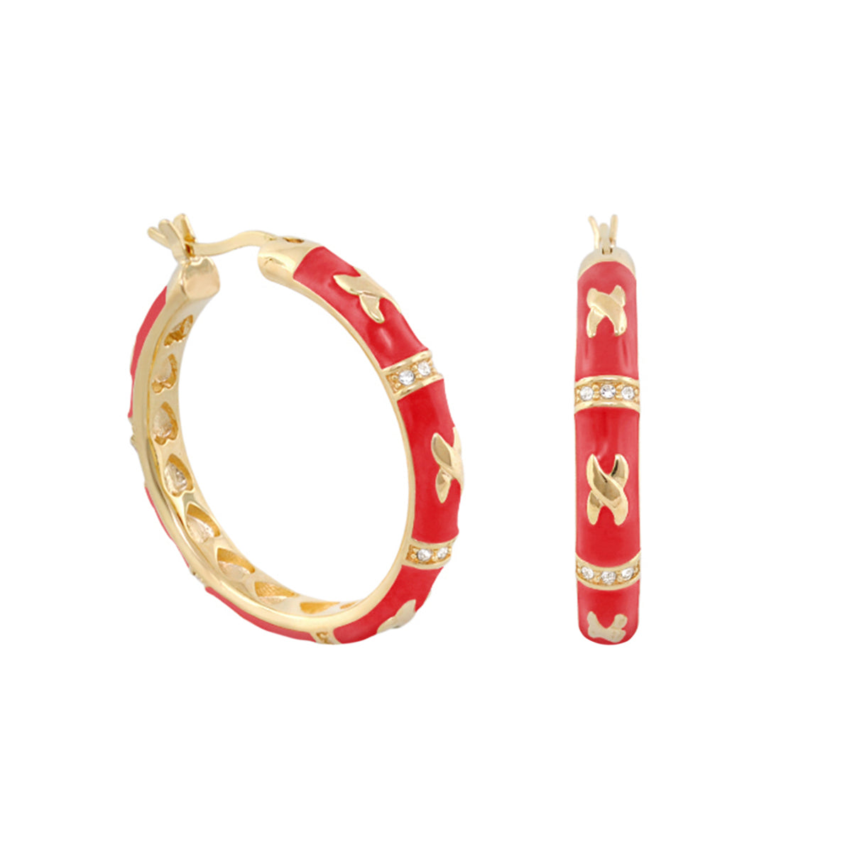Elegant Hugs Earrings two red enamel hoops with gold-tone accents and crystal bands on Tampa Home & Garden Store