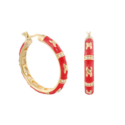Elegant Hugs Earrings two red enamel hoops with gold-tone accents and crystal bands on Tampa Home & Garden Store