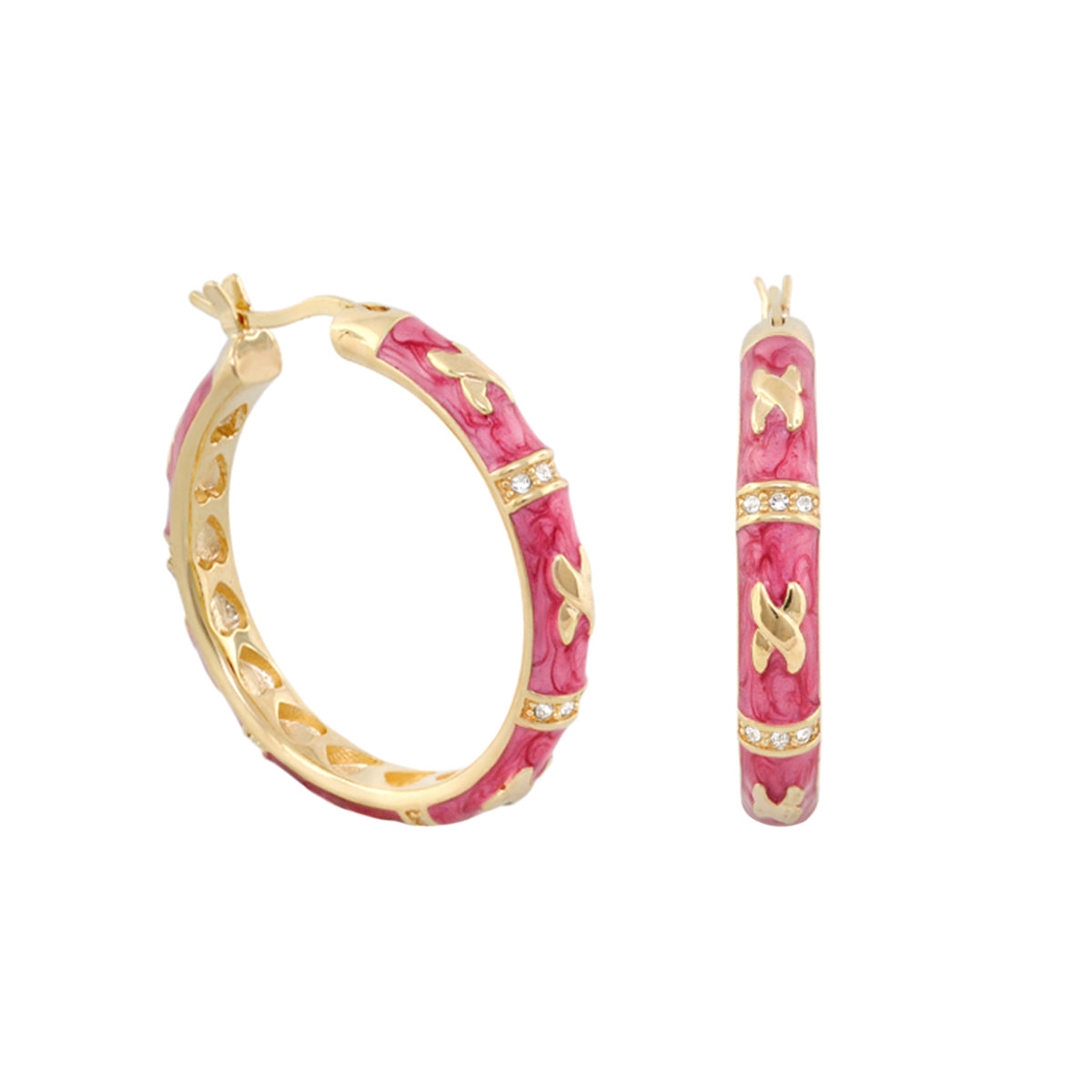Elegant Hugs earrings by Lauren G Adams, pink marbled enamel gold-tone hoops with crystals on Tampa Home & Garden Store