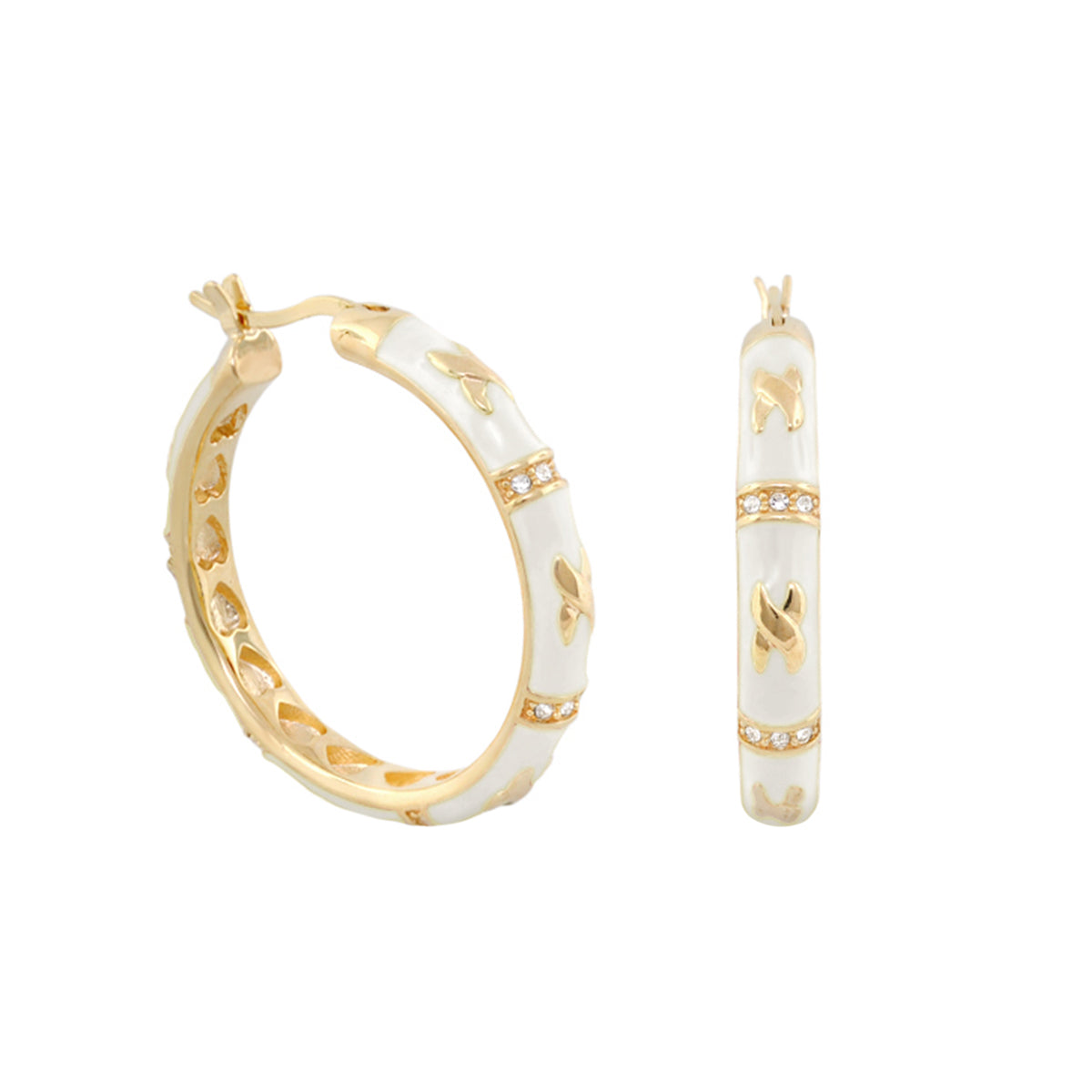 Elegant Hugs Earrings pair in gold-tone hoops with white enamel and crystal accents on Tampa Home & Garden Store