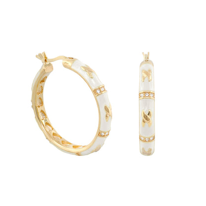 Elegant Hugs Earrings pair in gold-tone hoops with white enamel and crystal accents on Tampa Home & Garden Store
