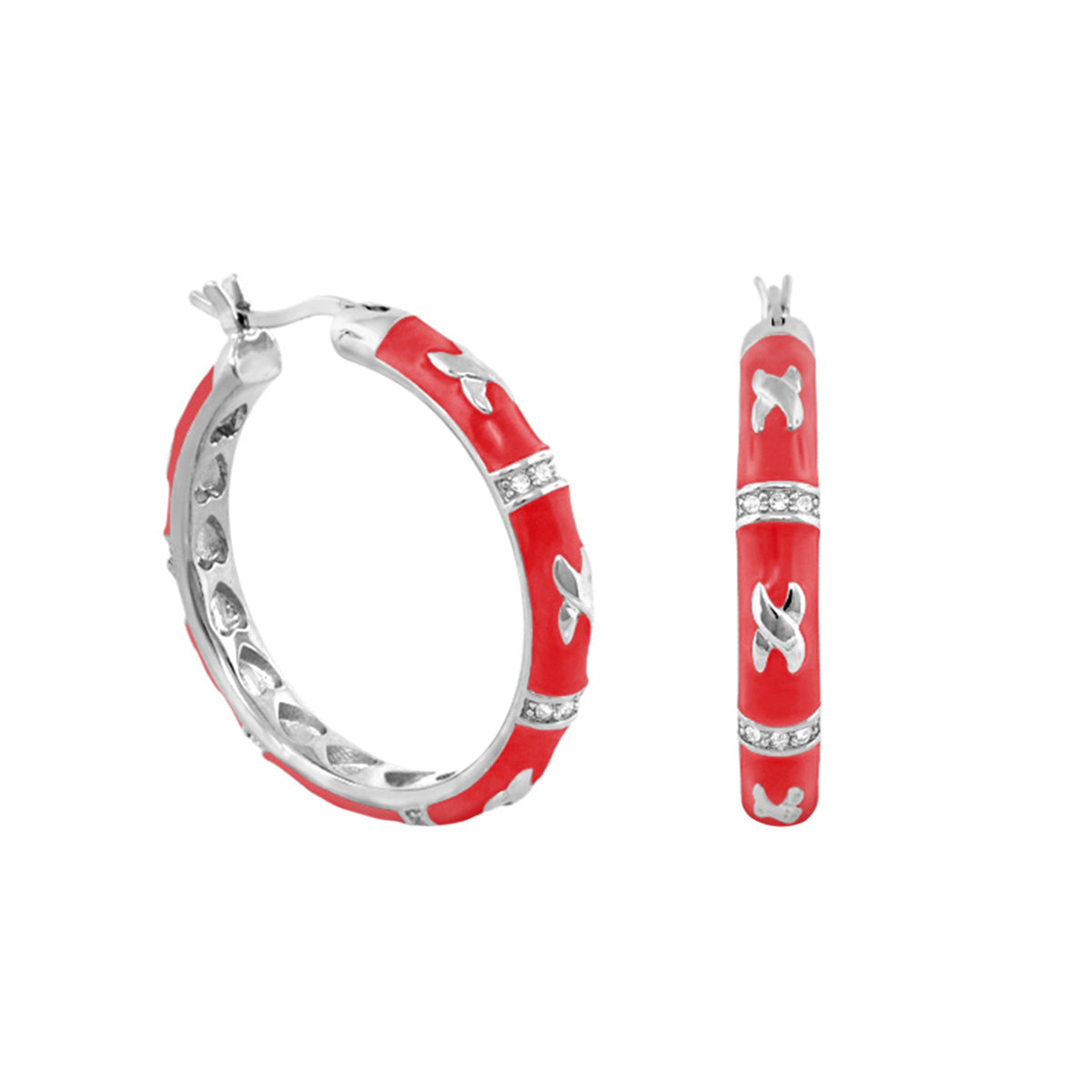 Elegant Hugs earrings by Lauren G Adams, red enamel hoop with silver X accents and crystals on Tampa Home & Garden Store