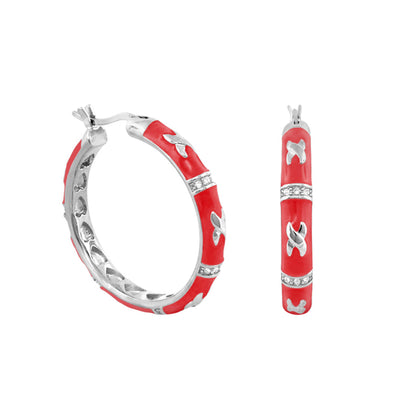 Elegant Hugs earrings by Lauren G Adams, red enamel hoop with silver X accents and crystals on Tampa Home & Garden Store