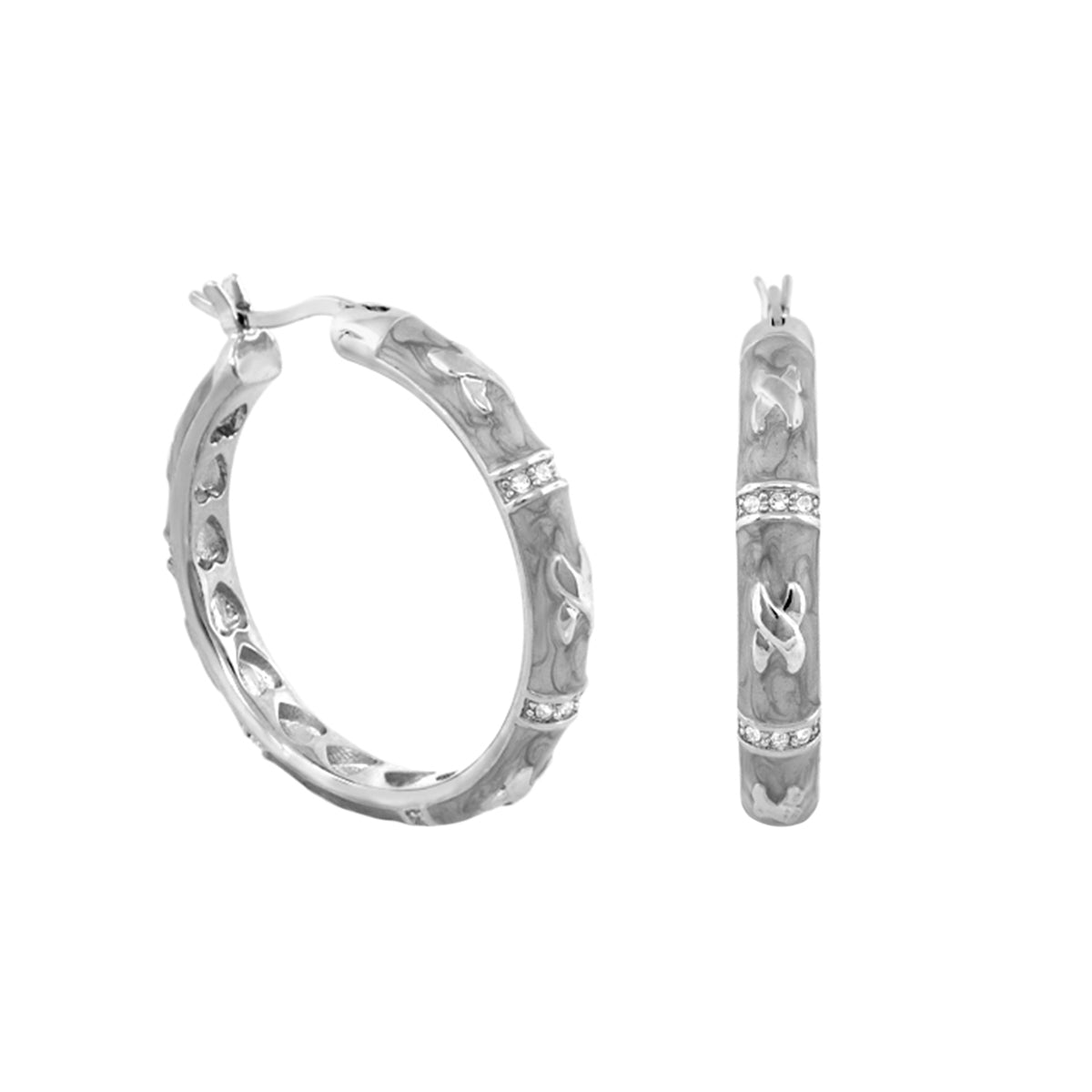 Elegant Hugs Earrings silver hoop pair with hammered texture and crystal-studded bands on Tampa Home & Garden Store