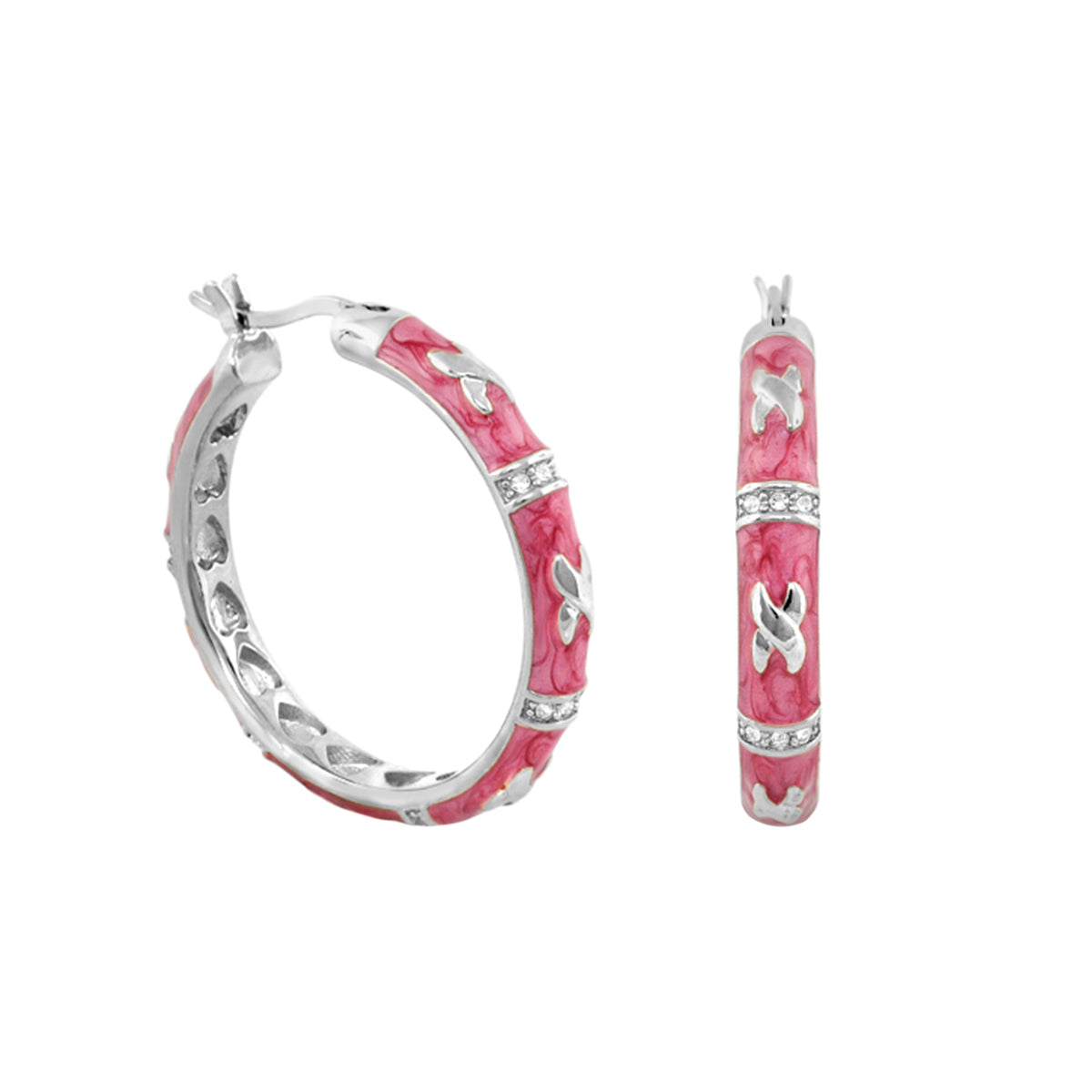 Elegant Hugs earrings pink enamel hoop pair with silver-tone accents and crystal pavé bands on Tampa Home & Garden Store