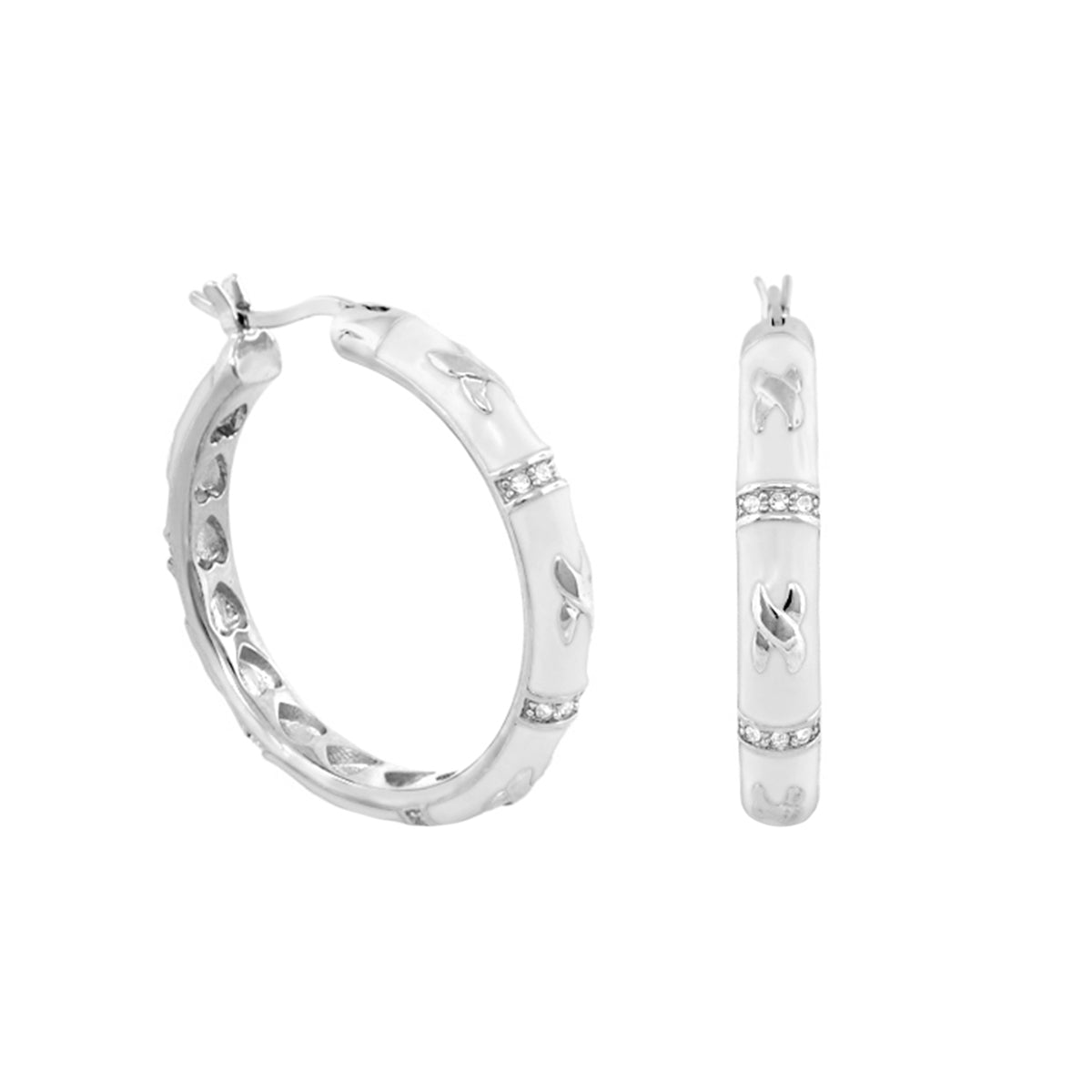 Elegant Hugs Earrings by Lauren G Adams, silver-tone hoop earrings with crystal-adorned bands on Tampa Home & Garden Store