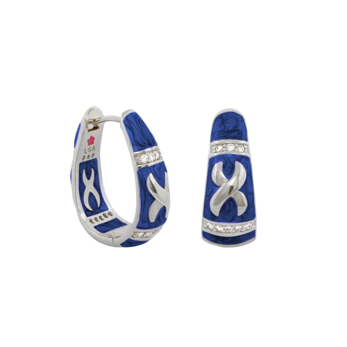 Elegant Hugs Earrings by Lauren G Adams, blue enamel hoops with X motifs and pavé diamonds on Tampa Home & Garden Store