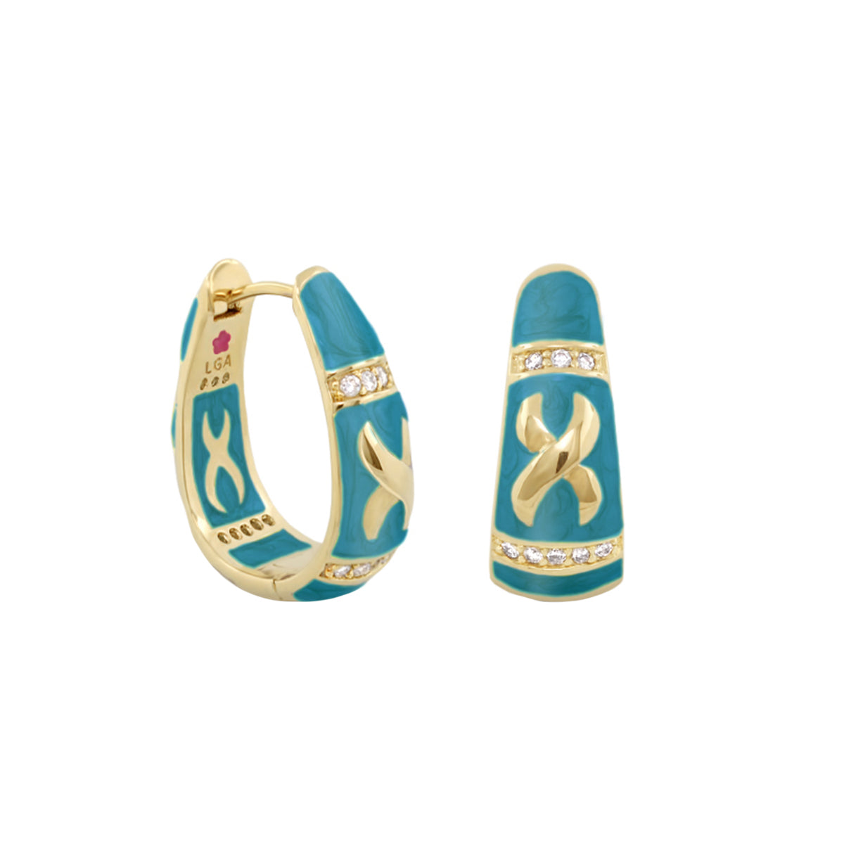 Elegant Hugs Earrings by Lauren G Adams; turquoise enamel hoops with gold band and diamonds on Tampa Home & Garden Store