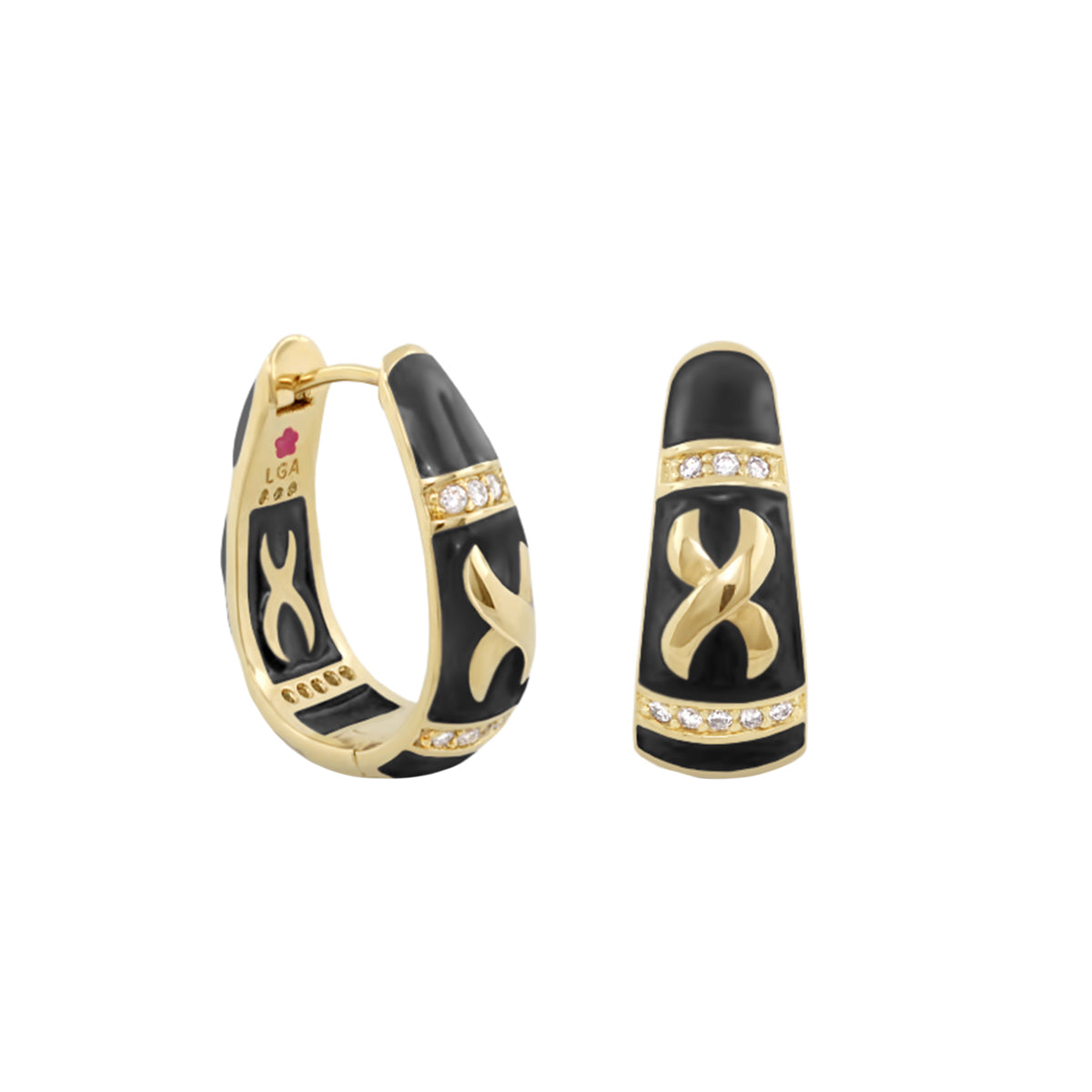Elegant Hugs Earrings by Lauren G Adams, gold hoops with black enamel and pavé diamonds on Tampa Home & Garden Store
