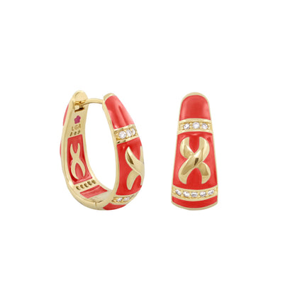 Elegant Hugs Earrings pair by Lauren G Adams, gold-tone hoops with red enamel crystals on Tampa Home & Garden Store