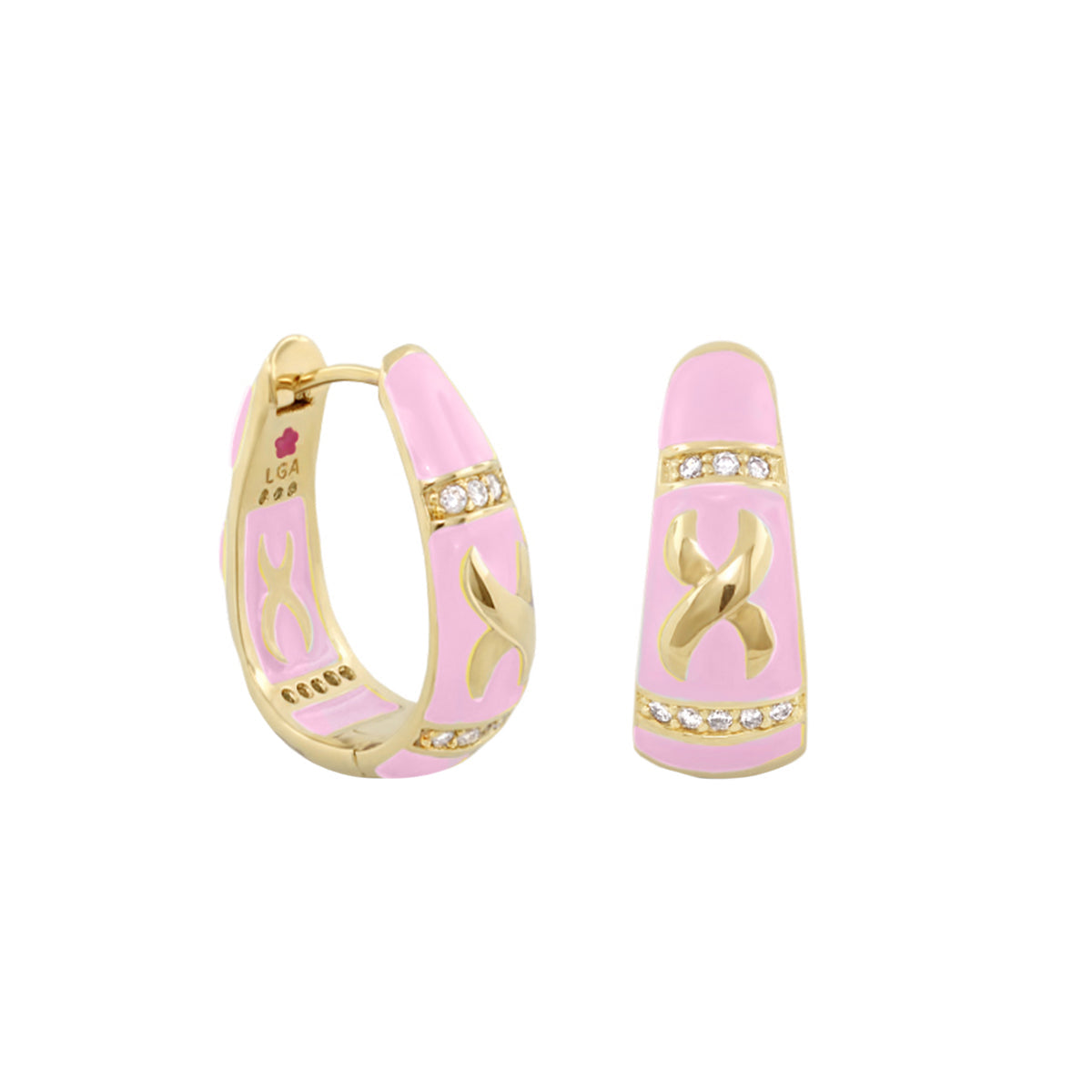 Elegant Hugs Earrings by Lauren G Adams, pink enamel gold-tone huggie hoops with diamonds on Tampa Home & Garden Store