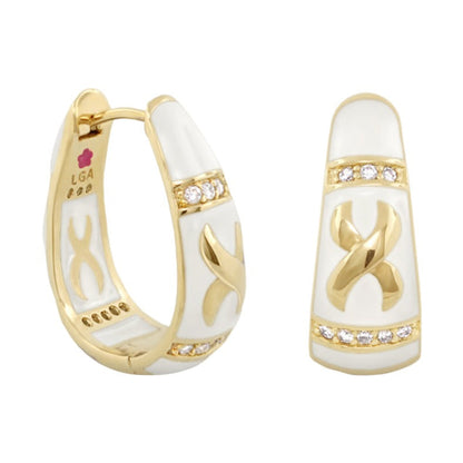 Elegant Hugs Earrings pair by Lauren G Adams, gold with white enamel and crystal accents on Tampa Home & Garden Store