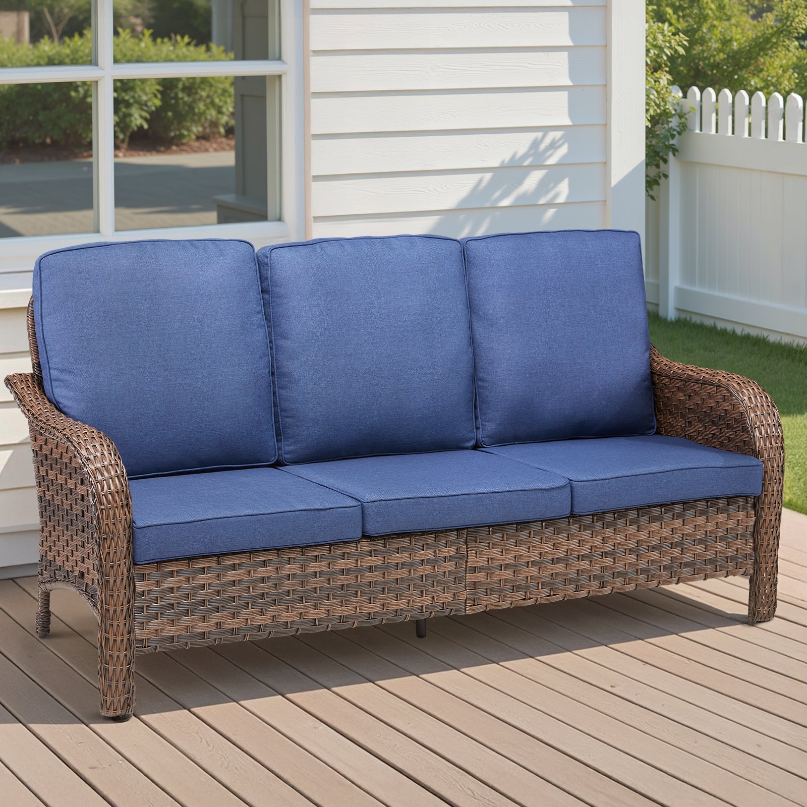 70.9-in PE wicker furniture set 3-seat sofa with blue cushions, HouseOfZazla patio seating on Tampa Home & Garden Store