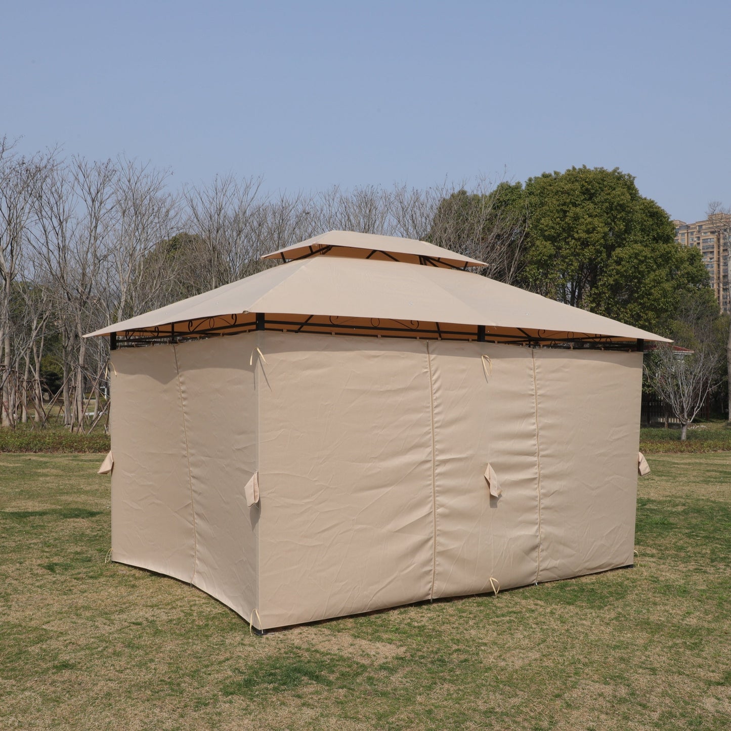 Khaki outdoor gazebo canopy with ventilated double roof and beige walls, metal frame on Tampa Home & Garden Store