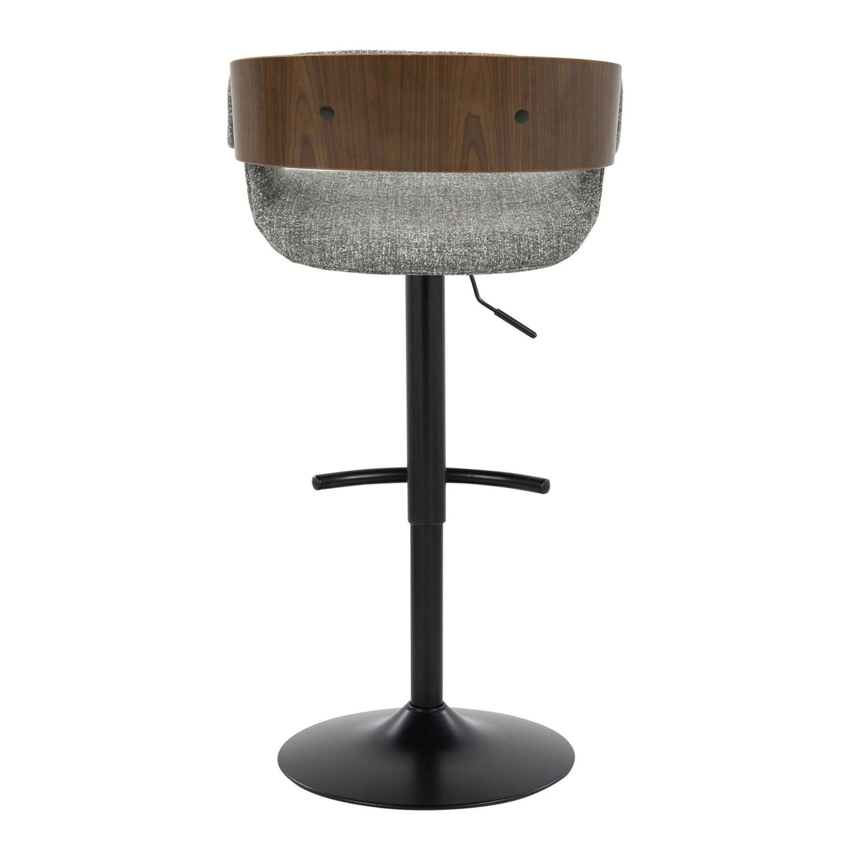 Mid-Century Modern adjustable barstool with swivel, gray fabric and wood back, pedestal base on Tampa Home & Garden Store