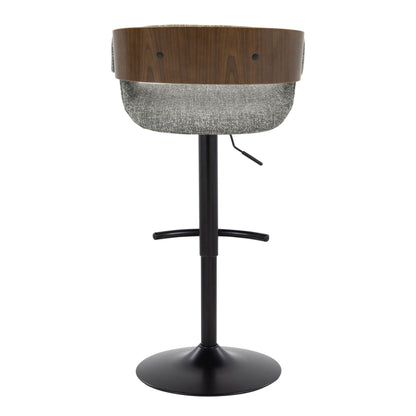Mid-Century Modern adjustable barstool with swivel, gray fabric and wood back, pedestal base on Tampa Home & Garden Store
