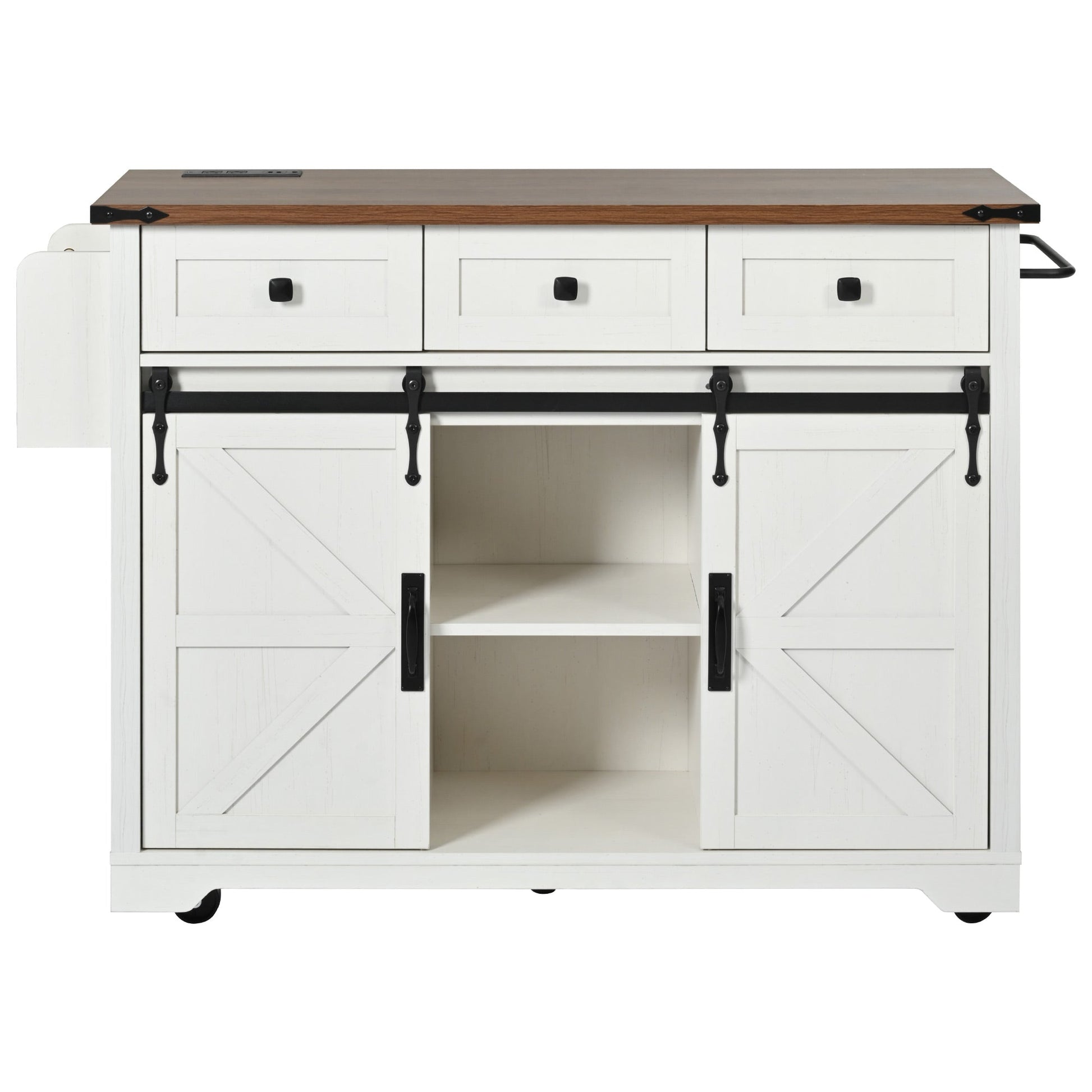 K&K 53.7in farmhouse kitchen island with power outlet, white base, wood top, 3 drawers on Tampa Home & Garden Store