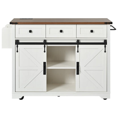 K&K 53.7in farmhouse kitchen island with power outlet, white base, wood top, 3 drawers on Tampa Home & Garden Store