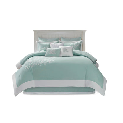 Oversized aqua cotton jacquard comforter set king with white coral pattern and matching shams on Tampa Home & Garden Store