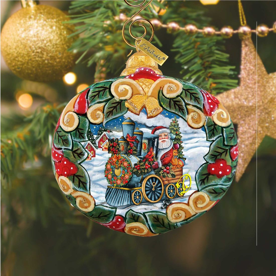 Ornament Santa Express Wreath by G. DeBrekht, hand-painted round holiday decor with Santa on train on Tampa Home & Garden Store
