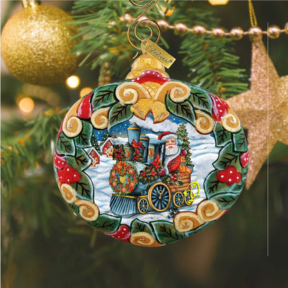 Ornament Santa Express Wreath by G. DeBrekht, hand-painted round holiday decor with Santa on train on Tampa Home & Garden Store