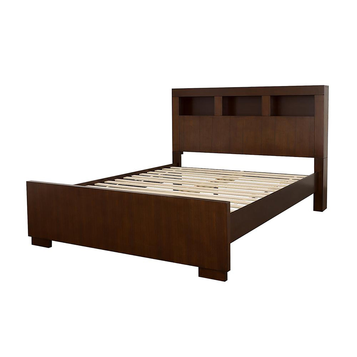 Queen bed with bookcase headboard in brown wood and cubby storage on Tampa Home & Garden Store