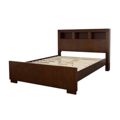 Queen bed with bookcase headboard in brown wood and cubby storage on Tampa Home & Garden Store
