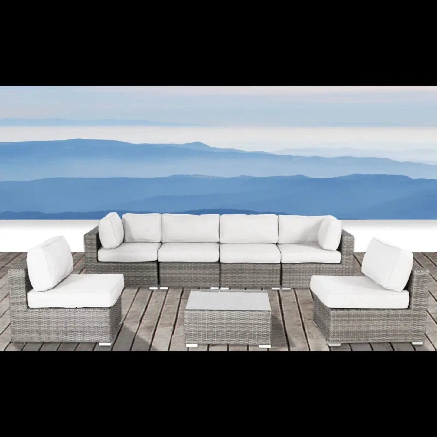 4-piece outdoor seating set with cushions in a wicker design on a wooden deck on Tampa Home & Garden Store