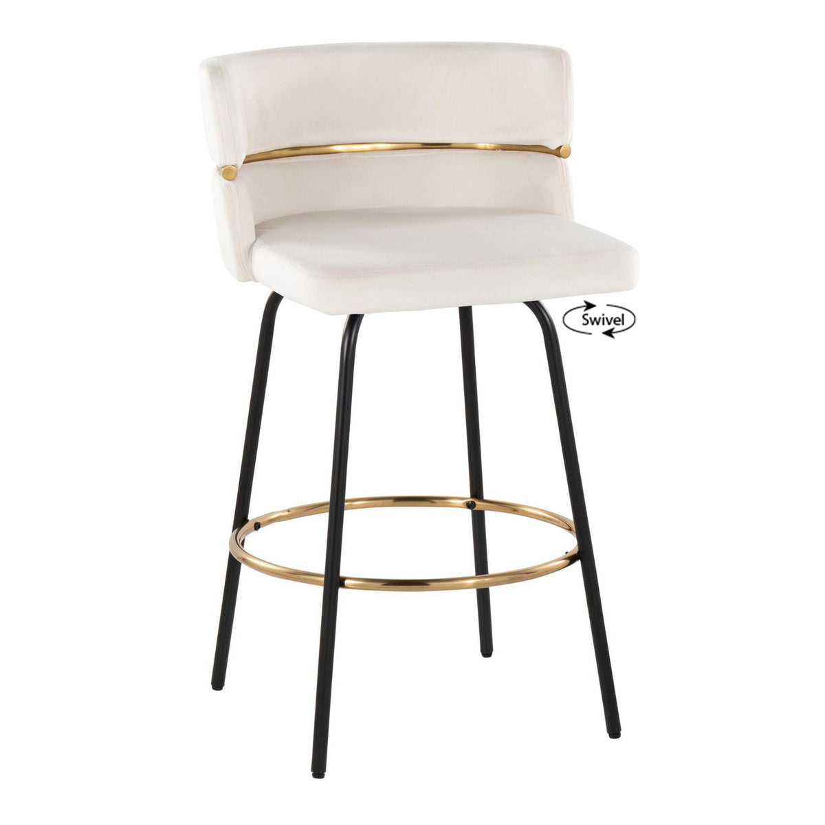 Contemporary fixed-height counter stool set with beige upholstery, brass footrest, swivel on Tampa Home & Garden Store