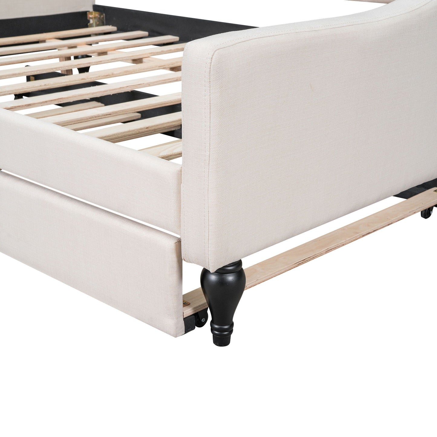 Upholstered Tufted Daybed beige fabric with wood slat frame and black legs HouseOfZazla on Tampa Home & Garden Store