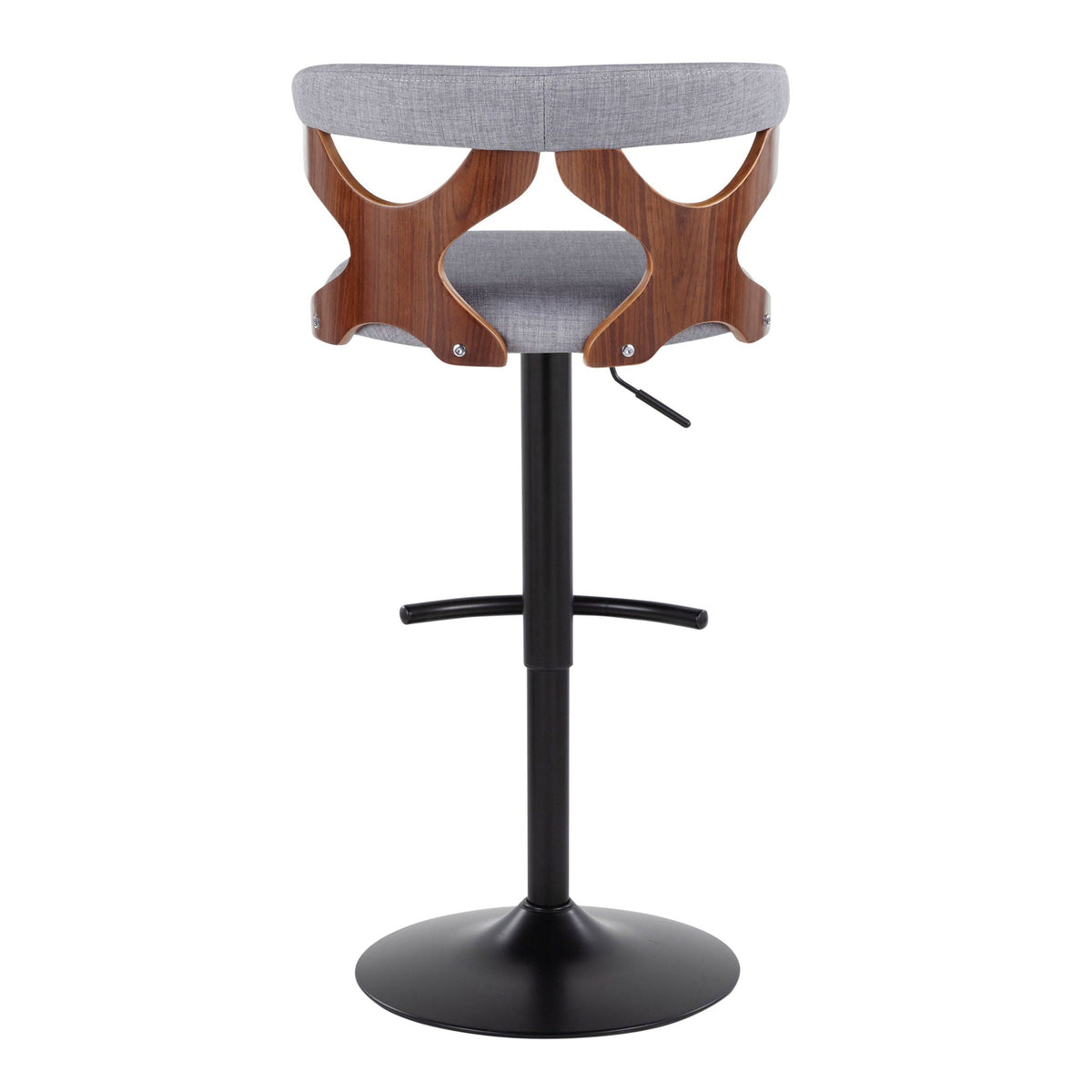 Contemporary adjustable swivel barstool with gray fabric seat and wood frame on a black base on Tampa Home & Garden Store