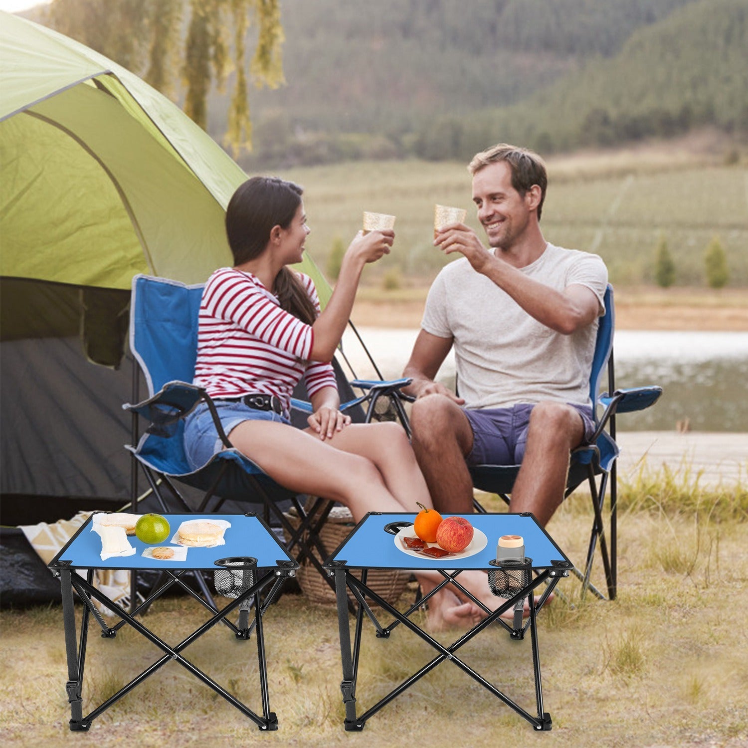 GemGear 2-piece foldable camping tables with blue tops and 2 cup holders on Tampa Home & Garden Store