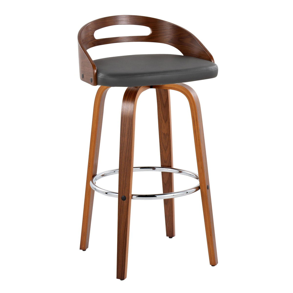 Pair of barstools with swivel and footrest, dark brown wood frame, gray cushion on Tampa Home & Garden Store