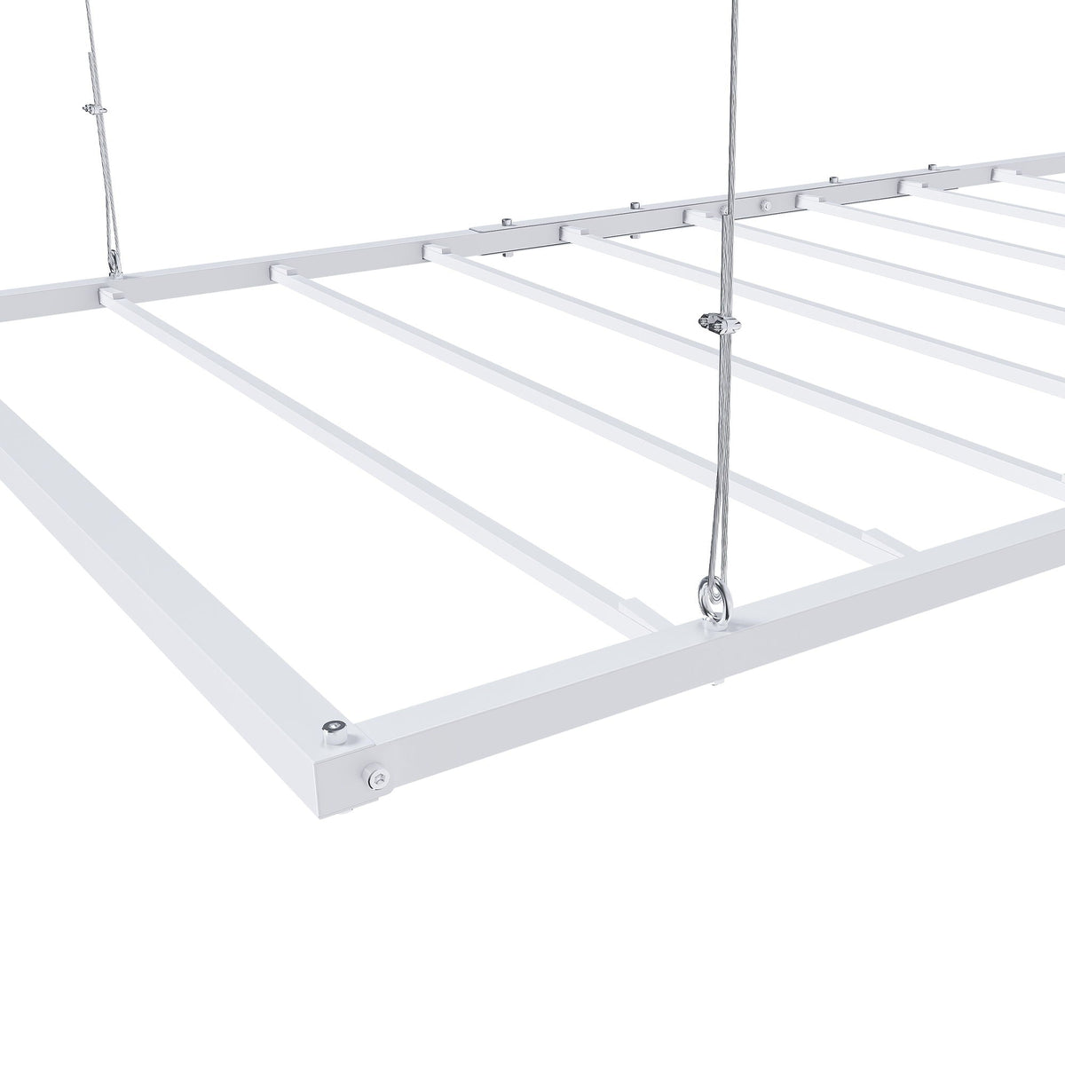 Overhead garage storage rack with crank system, white steel frame on Tampa Home & Garden Store