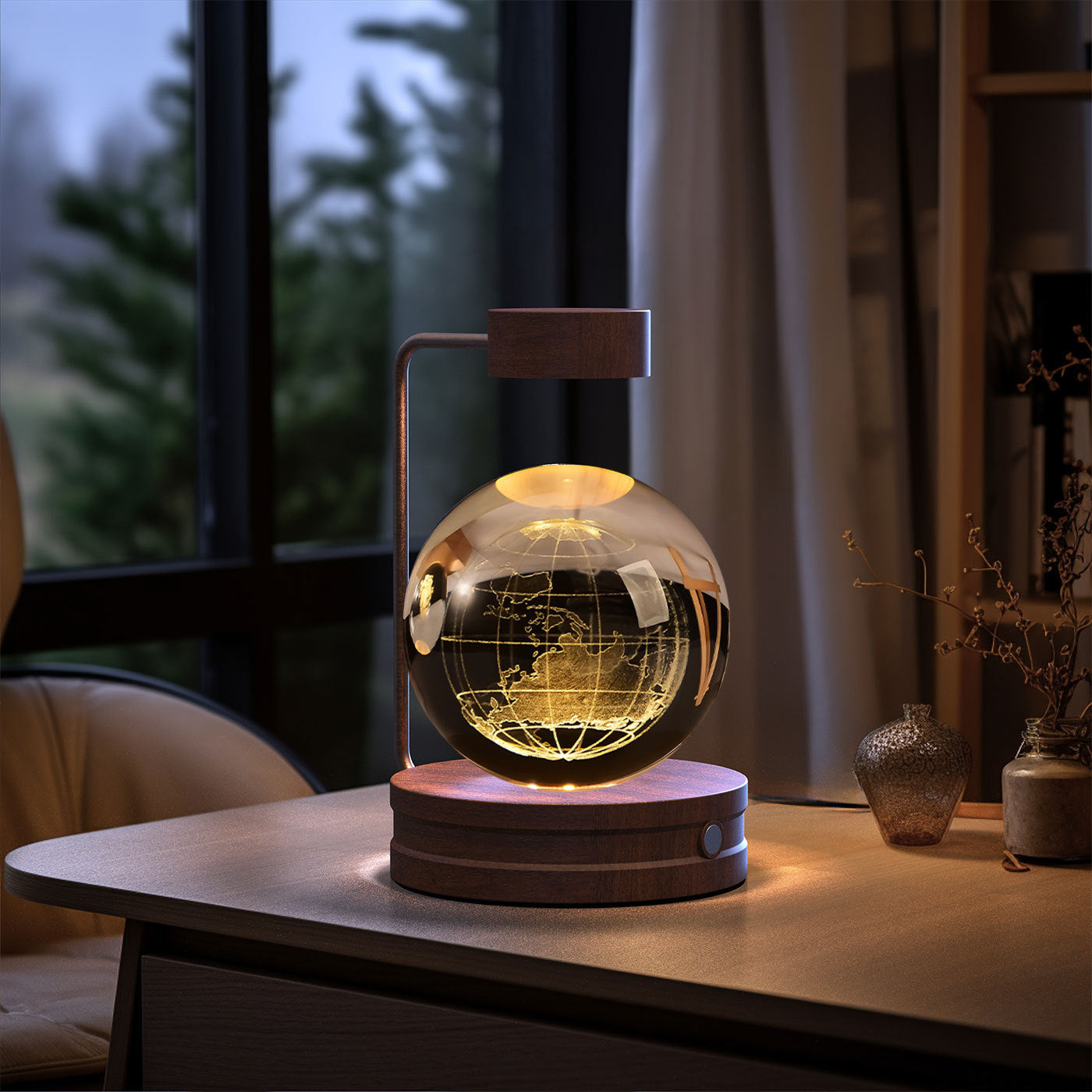 Crystal ball night light with warm amber glow, wooden base and curved metal arm, USB powered on Tampa Home & Garden Store