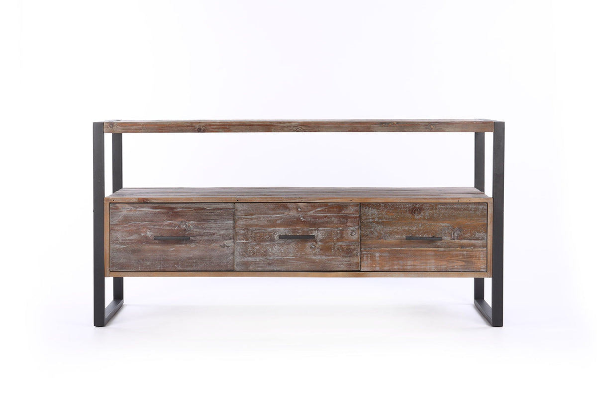 Reclaimed wood TV console with 3 drawers and open shelf, antique gray finish, metal frame on Tampa Home & Garden Store