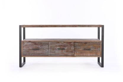 Reclaimed wood TV console with 3 drawers and open shelf, antique gray finish, metal frame on Tampa Home & Garden Store