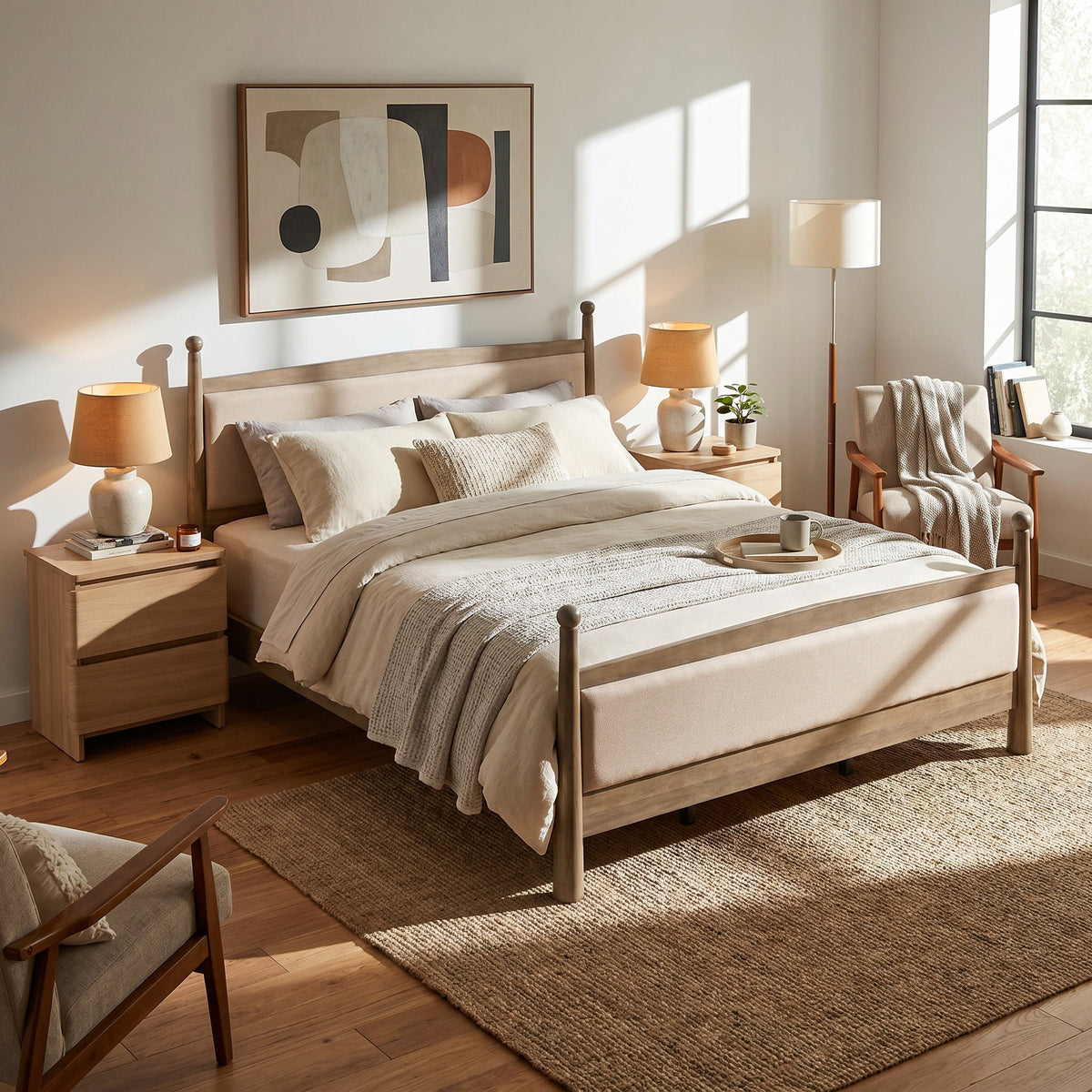 King Size upholstered platform bed frame by HouseOfZazla in beige fabric with light wood finish on Tampa Home & Garden Store