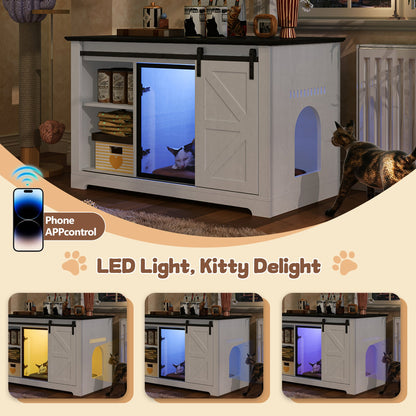 46in Farmhouse Cat Litter Box Enclosure with Sliding Barn Door, white cabinet, blue LED interior on Tampa Home & Garden Store