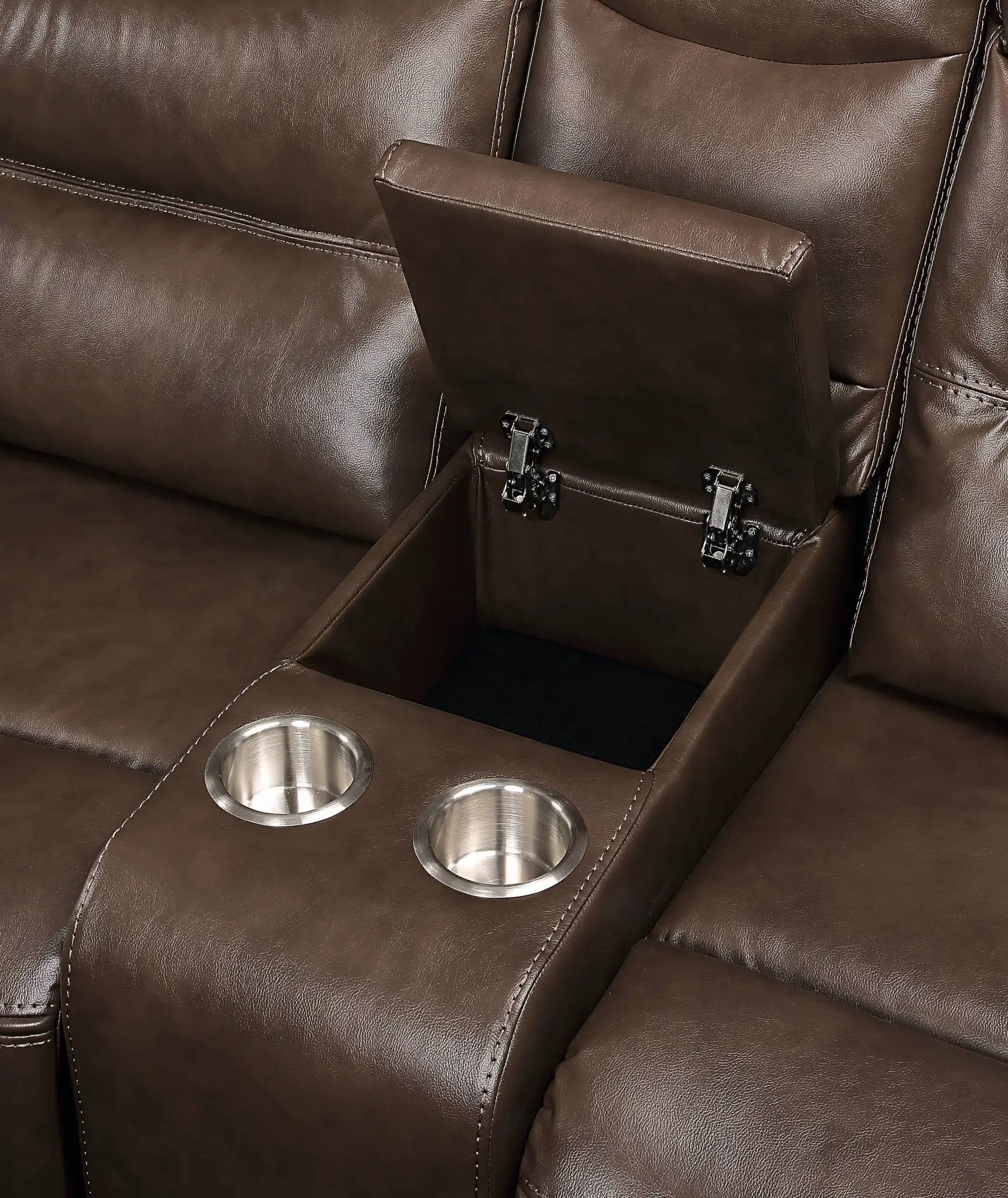 Aashi brown leather gel match recliner sofa with center console and cup holders on Tampa Home & Garden Store